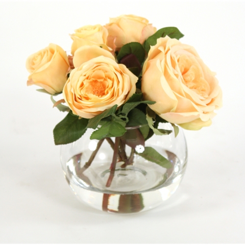 Waterlook ® Silk Champagne Yellow Roses and Buds in a Glass Rose Bowl