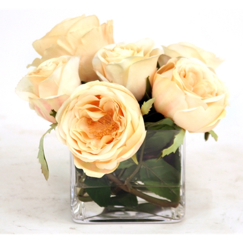 Waterlook ® Silk Champagne Roses in a Small Glass Rectangle