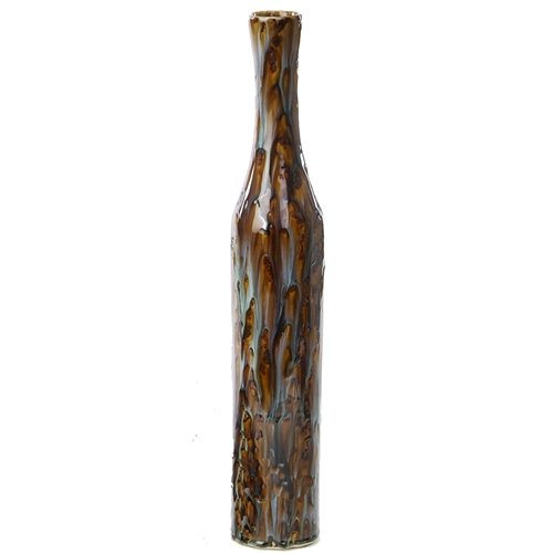 Tall Slender Fire Glazed Brown and Teal Ceramic Vase