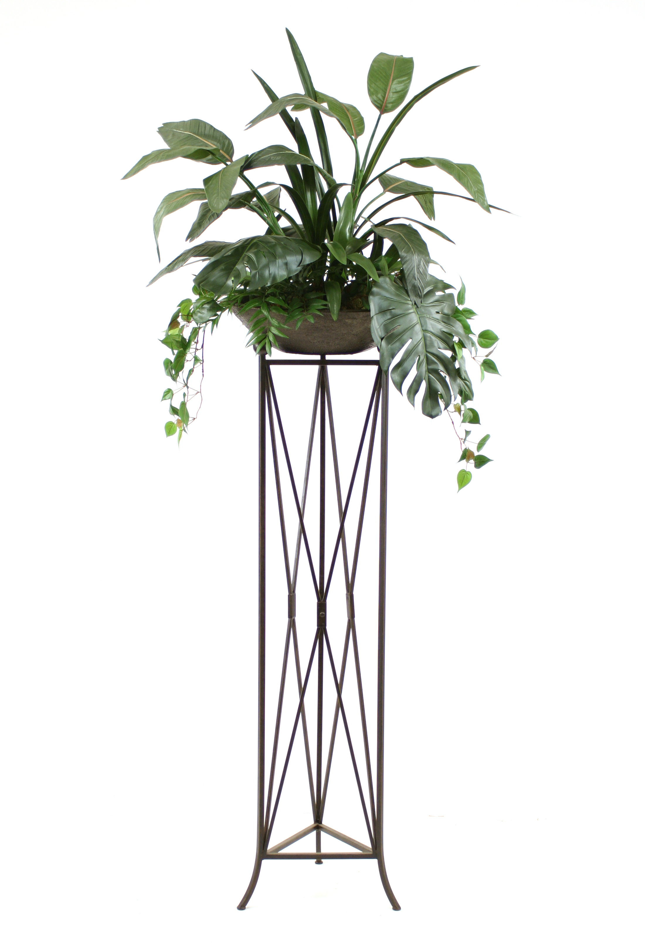 Silk Tropical Foliage in Large Stone Finish Bowl in an Isosceles Plant Stand Silk Tropical Foliage in Large Stone Finish Bowl in an Isosceles Plant Stand