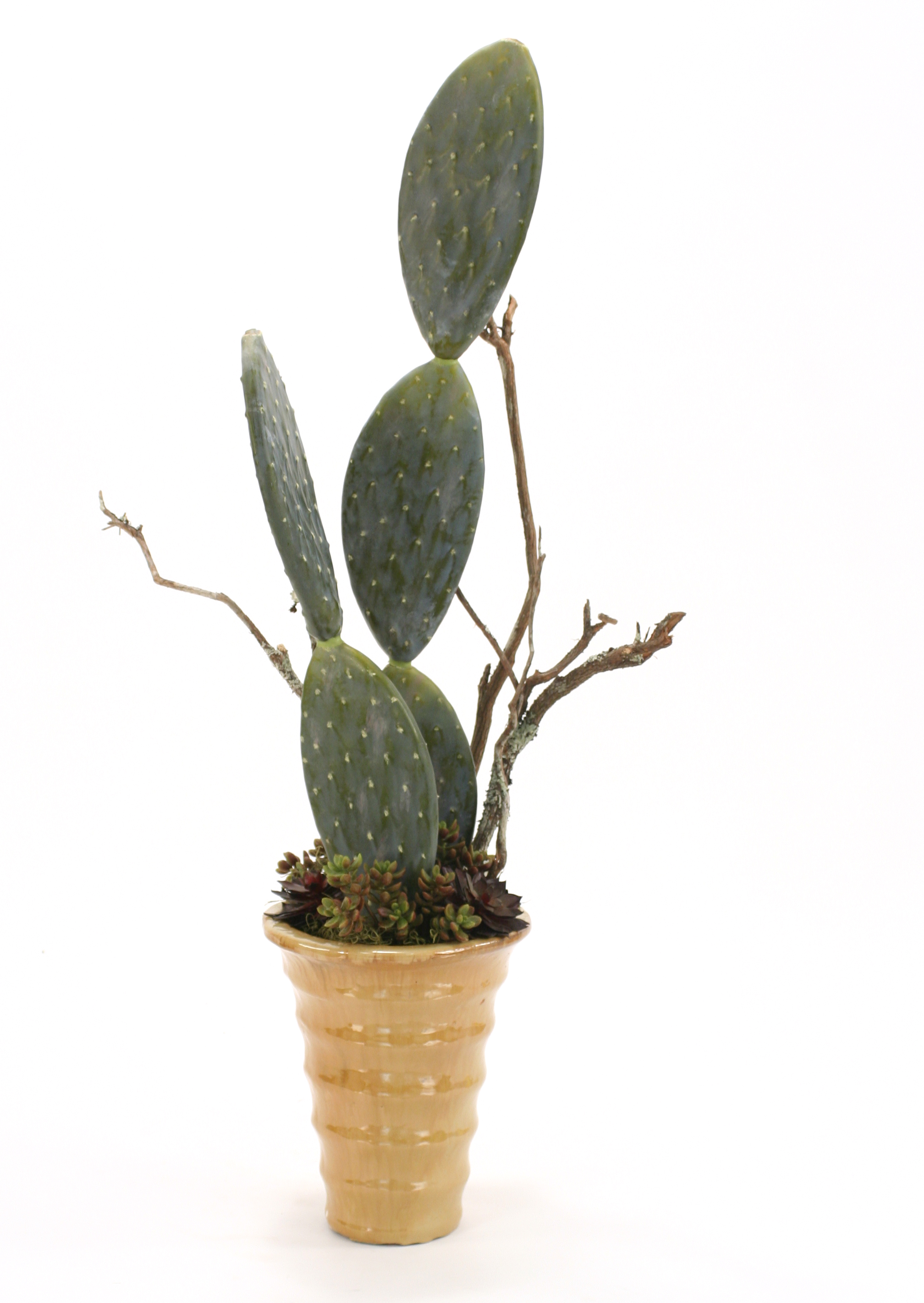 Mixed Faux Succulents with Dragon Wood in Flared Round Planter Mixed Faux Succulents with Dragon Wood in Flared Round Planter