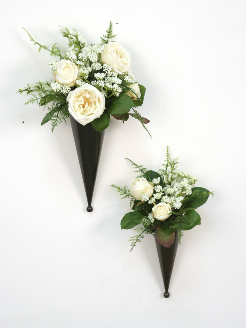 (Set of 2) Cream-White Silk Floral Nosegays in Bronze Metal Cones