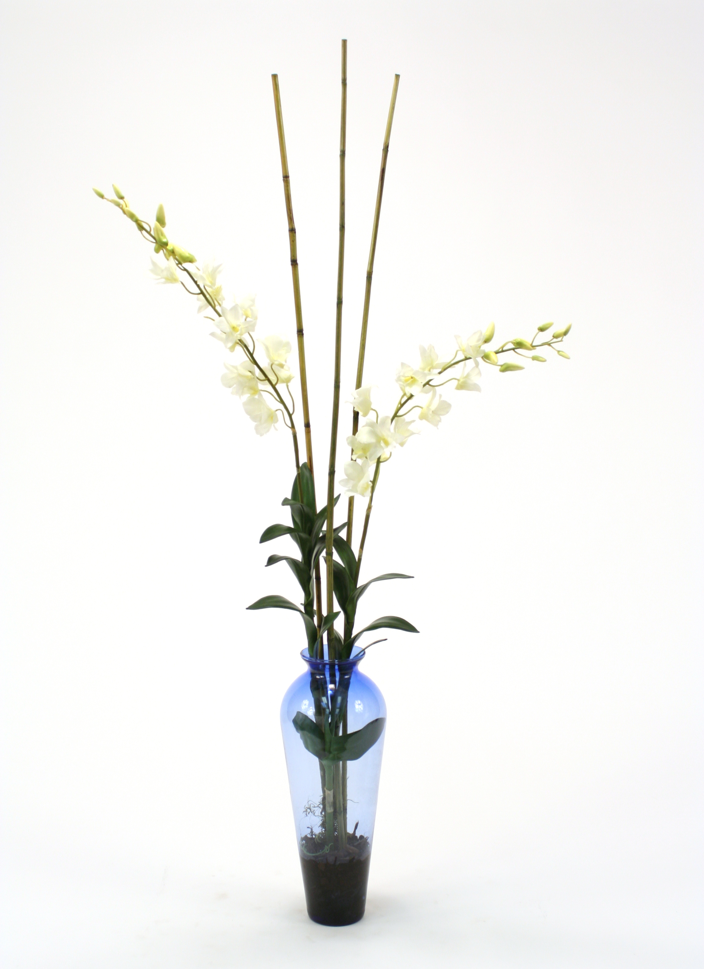 Waterlook ® Silk White Dendrobium Orchid with Bamboo in Blue Victorian Glass Vase