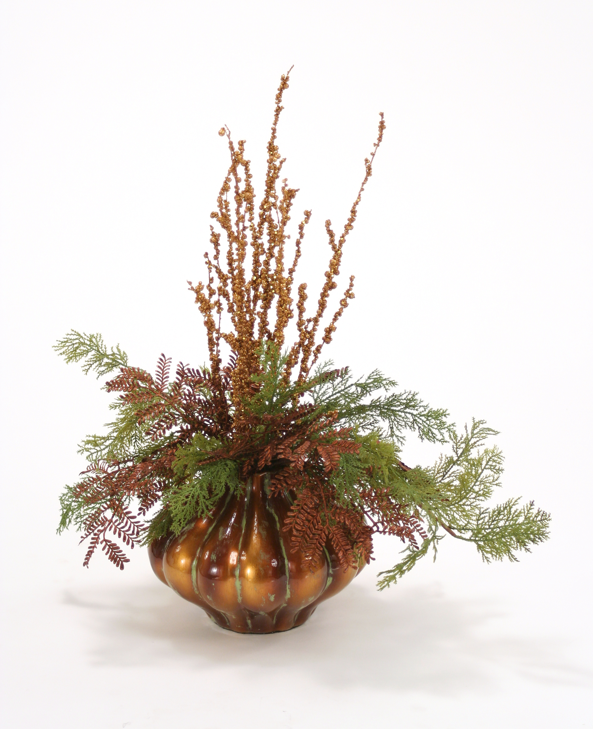 Merry Christmas - 24' Sequined Twigs, Cedar in Ribbed Gold Porcelain Vase