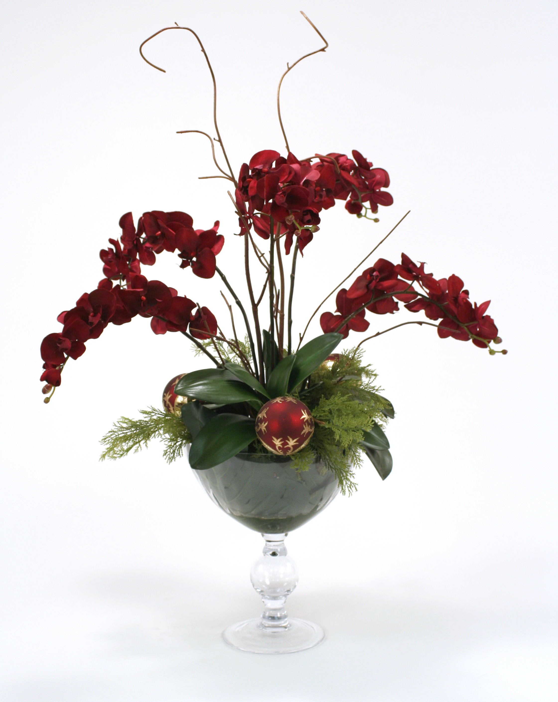 Velvet Phalaenopsis Orchids with Cedar and Ornaments in Glass Compote