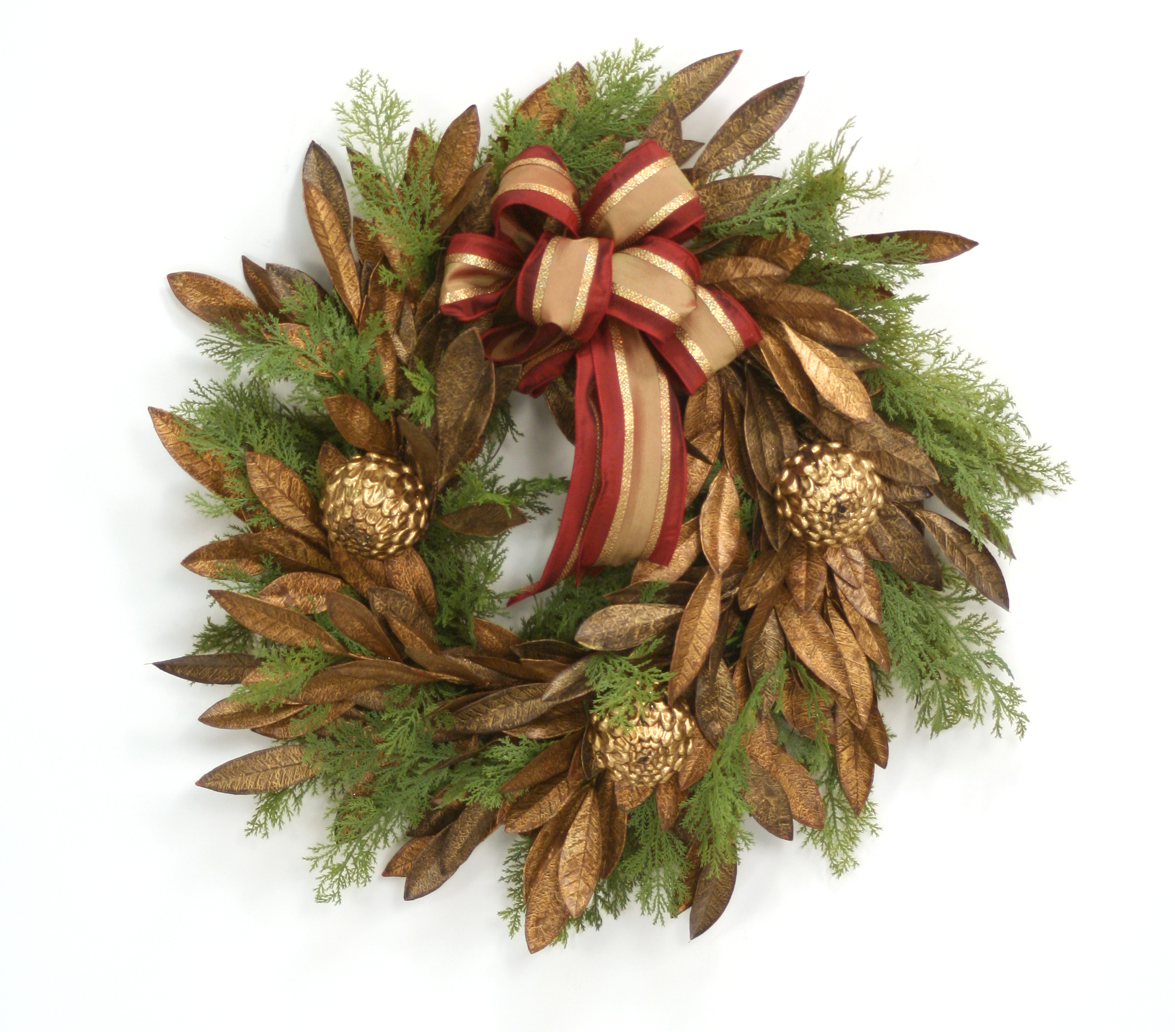 Wreath - 24' Bay Leaf Wreath with Cedar and Antique Gold Pine Cones with Ribbon