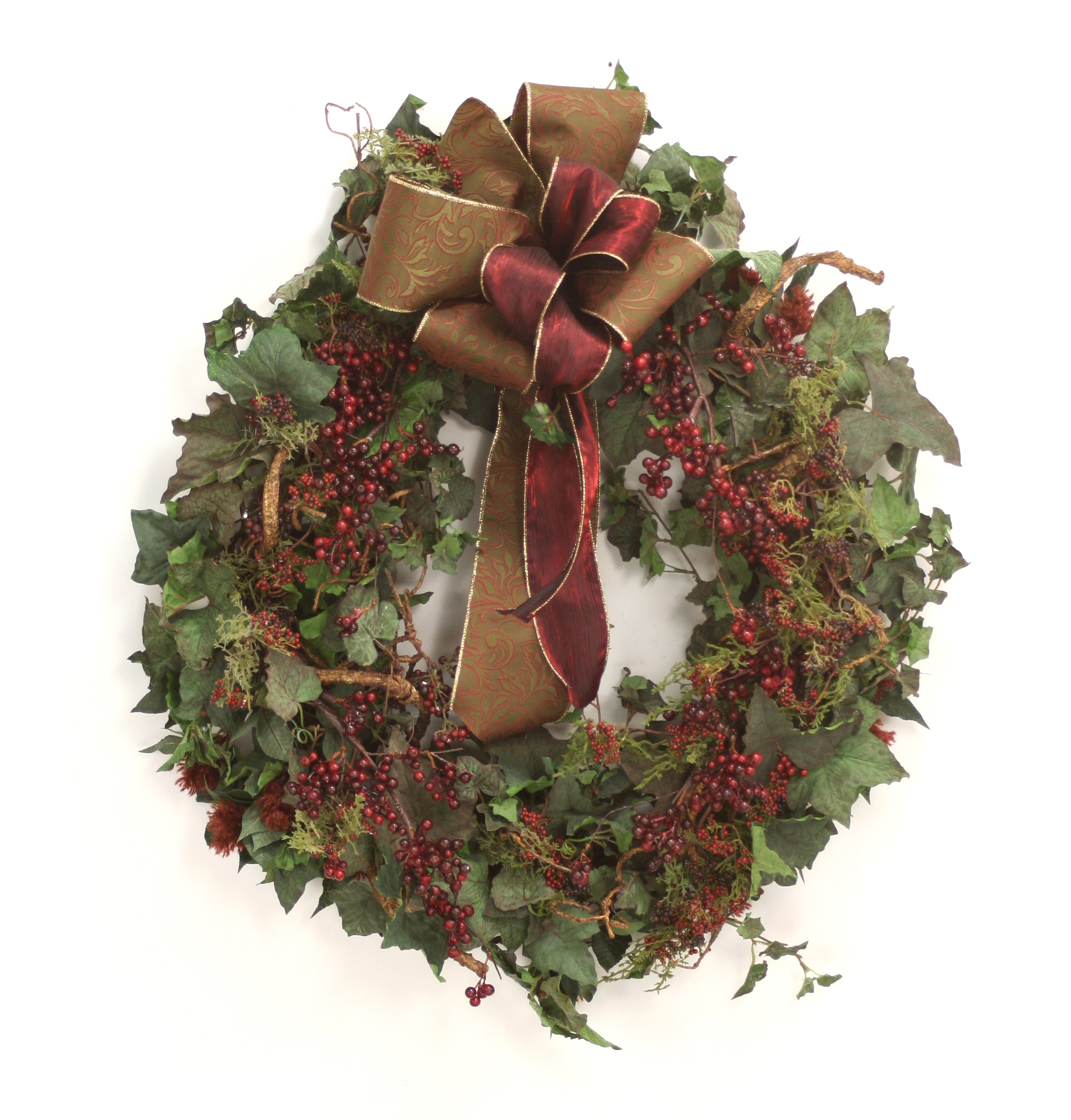 Wreath - 30' Frosted Ivy Wreath with Mixed Berry Branches and Sprays and Ribbon