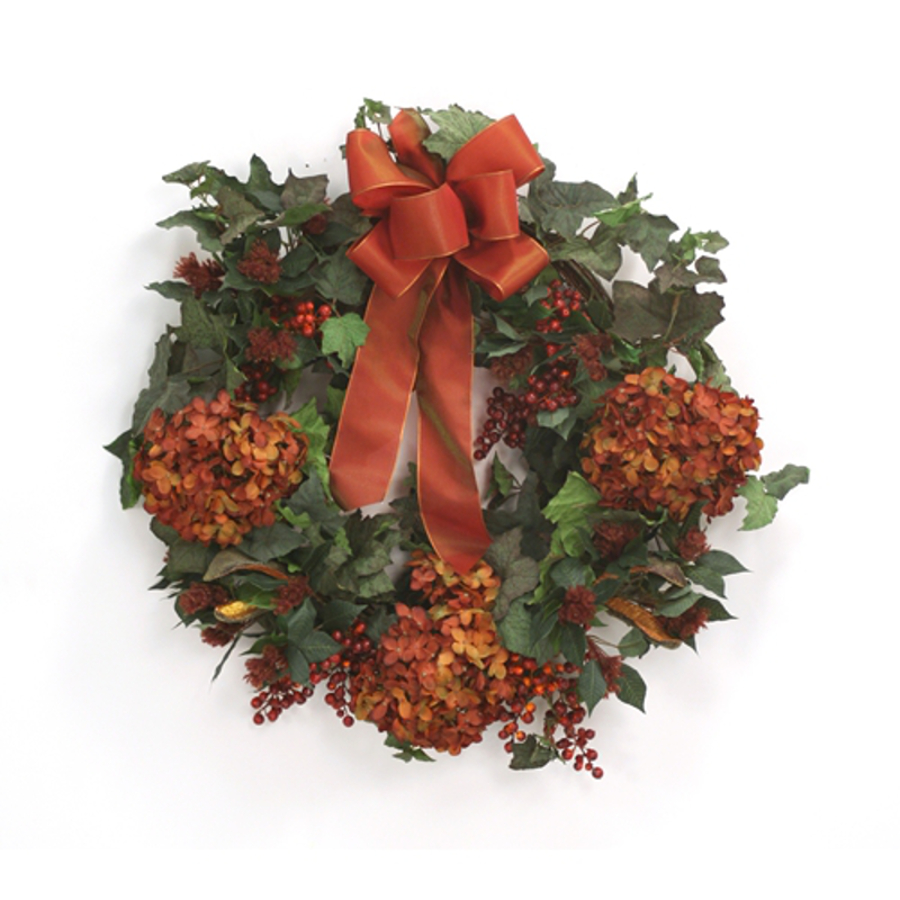 Wreath - 26' Fall Wreath with Rust Hydrangeas and Red Berries
