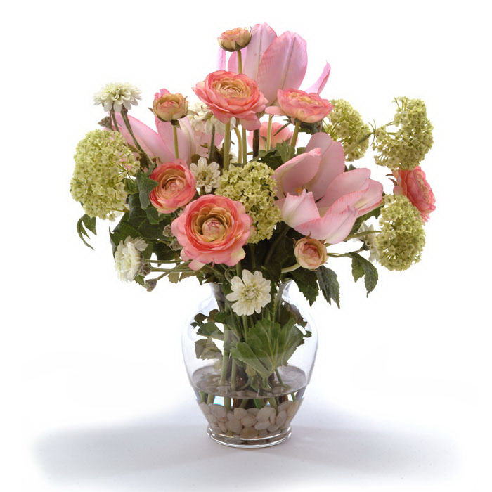 Waterlook ® Silk Peach Tulips, Antique Pink Roses and Snowballs in a Ginger Jar