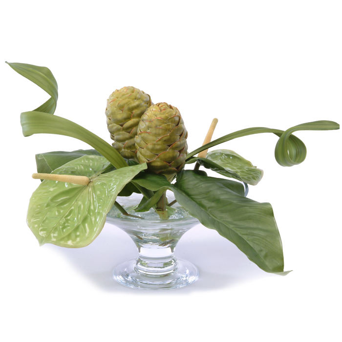 Waterlook ® Silk Green Anthuriums with Protea and Leaves in a Glass Compote Waterlook ® Silk Green Anthuriums with Protea and Leaves in a Glass Compote