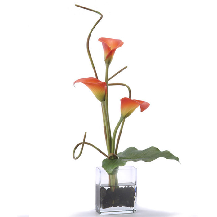 Waterlook ® Silk Rust Calla Lilies with a Tropical Leaf in Rectangular Glass