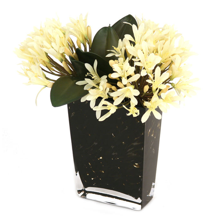 Waterlook ® Silk Cream-White Agapanthus with Leaves in Leopard Spotted Glass