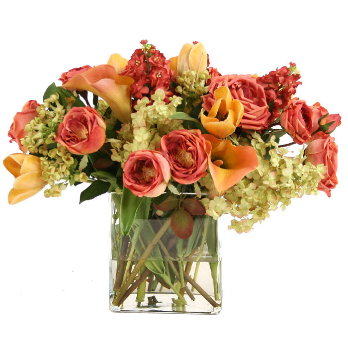 Waterlook ® Summer Mix of Silk Roses, Tulips, Calla Lilies and Hydrangeas in Glass