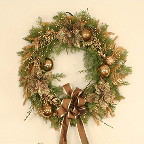 30' Artificial Cedar Wreath Trimmed in Gold, Green and Brown Hues