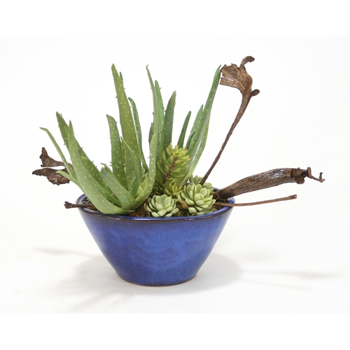 Artificial Succulents and Natural Foliage in Oval Blue Bowl Artificial Succulents and Natural Foliage in Oval Blue Bowl