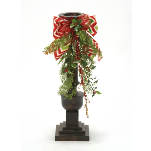 Candlesticks with Cedar, Holly, Glitter Branches and Chevron Ribbon