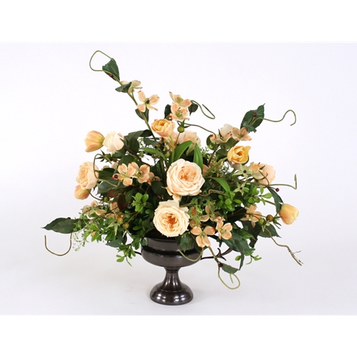 Champagne Mix of Silk Roses, Tulips and Dogwood with Foliage in a Compote Urn