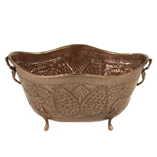 Container - Large Oval Antique Brass Finish Metal Planter with Pineapple Motif