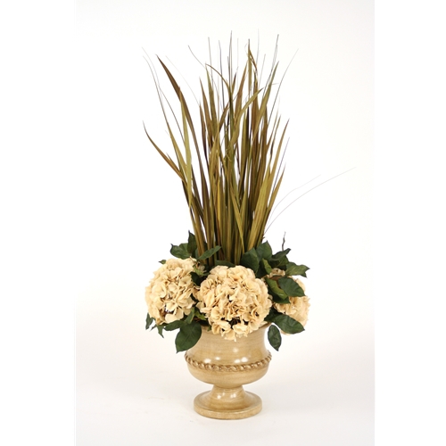 Dried Grasses Wreathed with Silk Hydrangeas in an Almond Classic Urn