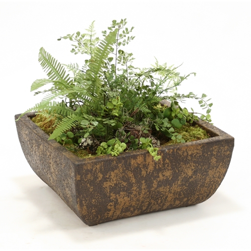 Faux Ferns and Succulents in Deep Chocolate Crackle Square Stone Tray Faux Ferns and Succulents in Deep Chocolate Crackle Square Stone Tray