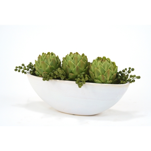 Green Berries and Artichokes in Large Oval White Glazed Ceramic Planter Green Berries and Artichokes in Large Oval White Glazed Ceramic Planter