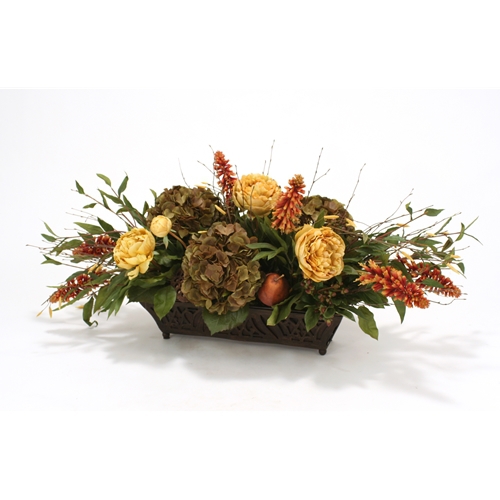 Horizontal Design with Silk Roses, Peonies, Berries and Birch in a Rust Filigree Planter