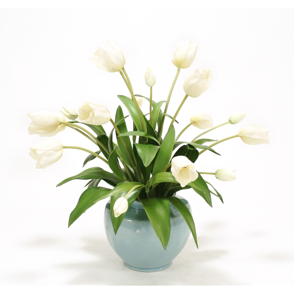 Ivory Tulips in Blue Cream Crackle Earthenware Vase