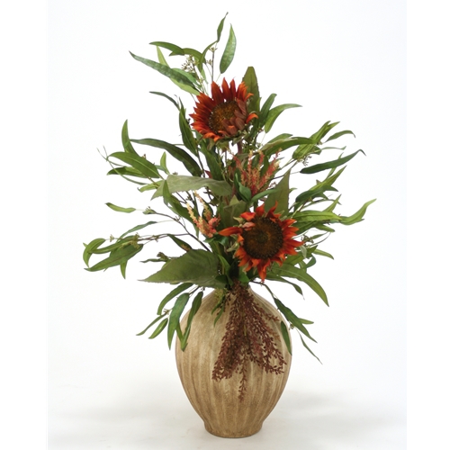 Mixed Silk Floral Arrangement and Eucalyptus in Aged Almond Porcelain Vase