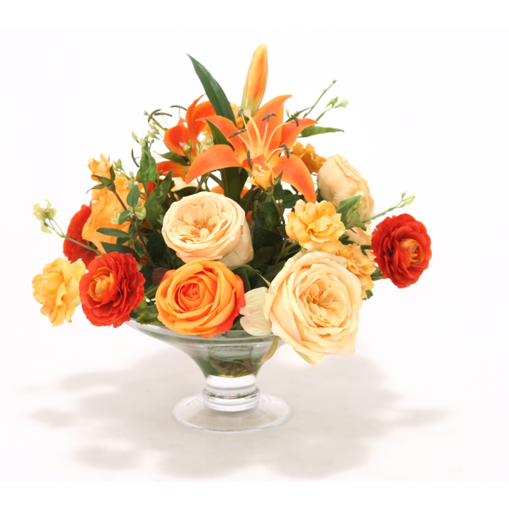 ORANGE AND GOLD  ROSES, RANUNCULUS, LILIES  IN GLASS COMPOTE