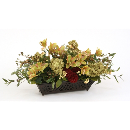Red, Green and Brown Silk Floral Mix in a Rectangular Espresso Filigreed Planter