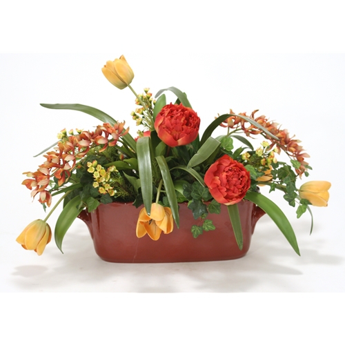 Rust, Green and Gold Silk Garden Floral Mix in a Red Oval Ceramic French Tureen