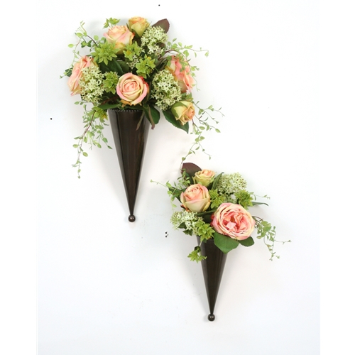 (Set of 2) Pink and Green Silk Floral Nosegays in Bronze Metal Cones