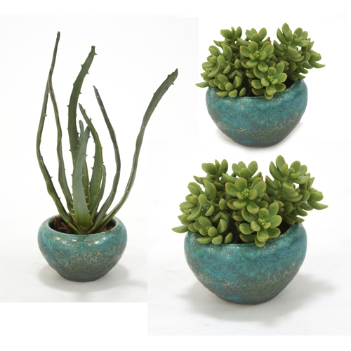 Set of 3 Faux Succulents in Antique Turquoise Bowls - 1 large, 2 small Set of 3 Faux Succulents in Antique Turquoise Bowls - 1 large, 2 small