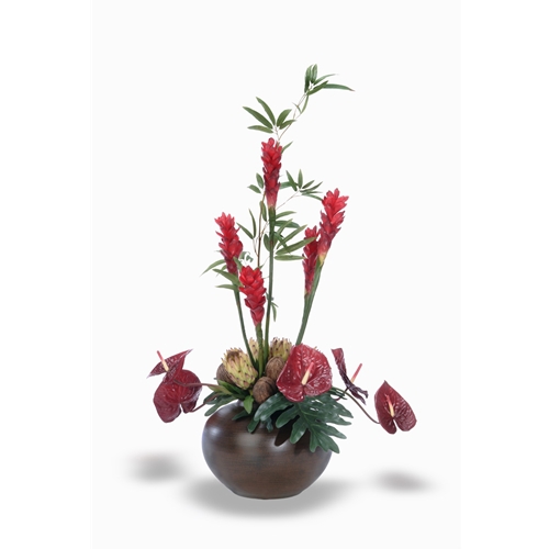 Antheriums, Torches, Proteas, Foliage in Chocolate Fat Vase