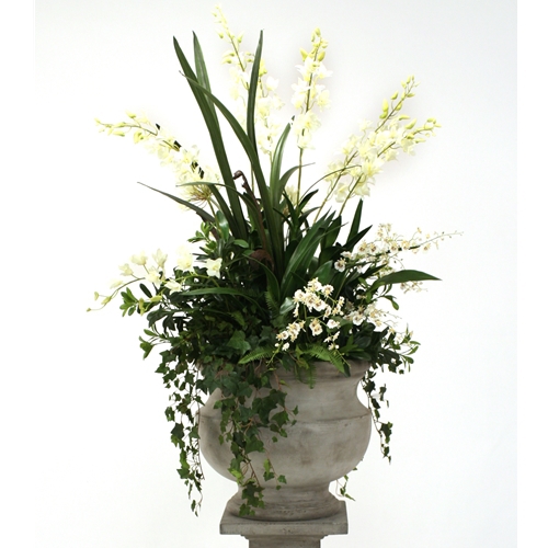 Silk Cream White Orchid and Agapanthus Mix with Ivy and Fern in Large Corina Urn