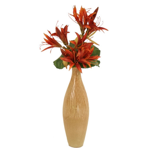Silk Dark Orange Mini Amaryllis with Galax Leaves in a Light Taupe Textured Vase