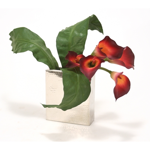 Silk Floral Arrangement of Burgundy Calla Lilies and Tacca Orchid Leaves in Nickel-finish Vase