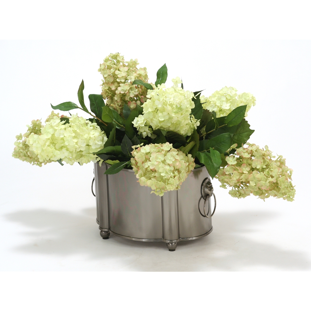 Silk Green and Green-Rose Hydrangeas in a Blackened Pewter Finish Planter