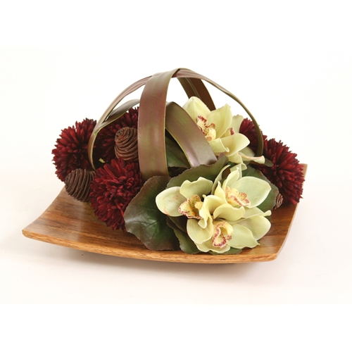Silk Green Orchid Bouquets and Burgundy Mums Caged by Blades on a Wood Tray
