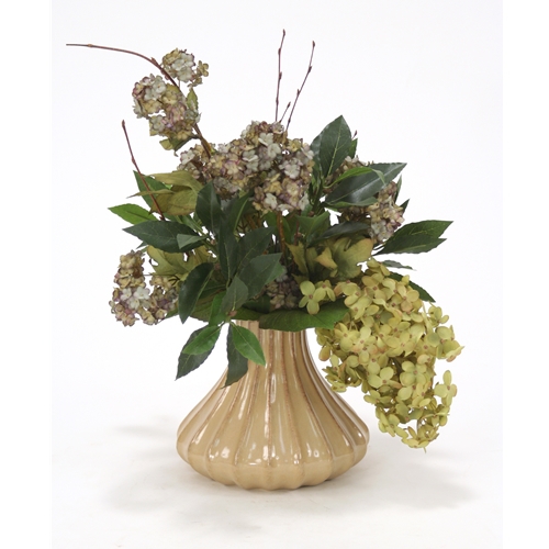 Silk Light Brown Green Peegee Hydrangeas and Snowball Branches in Milu Tan Small Fluted Vase