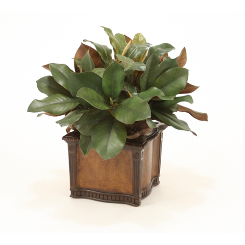 Silk Magnolia and Dried Badam Hearts in Leather Chateau Planter Silk Magnolia and Dried Badam Hearts in Leather Chateau Planter