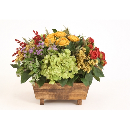 Silk Multicolor Floral Bouquet in a Stained Wood Box