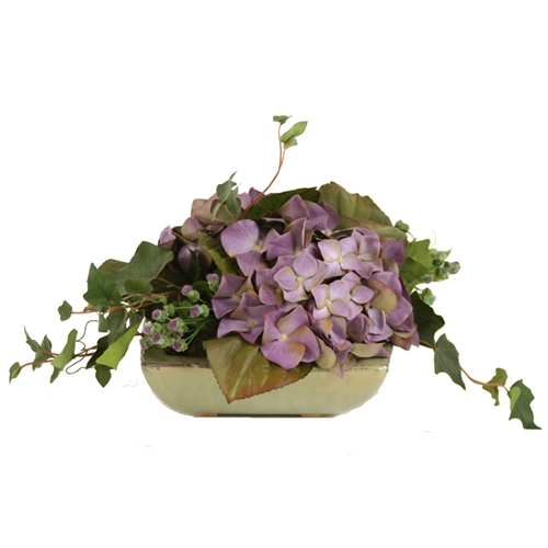 Silk Purple-Blue Hydrangeas and Groundsel with Mountain Ivy in a Small Square Tray