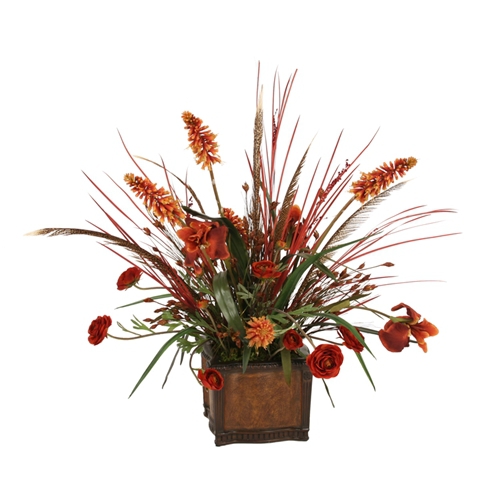 Silk Rust Iris, Ranunculus and Red Hot Poker with Dried Grasses in a Chateau Planter
