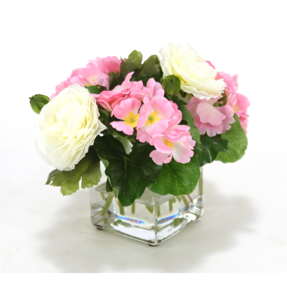 Small Pink Primrose And White Ranunculas In Square Glass Vase Pack Of