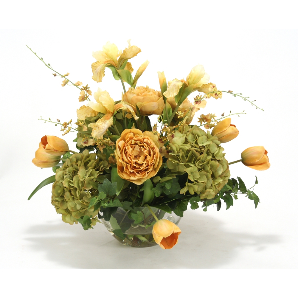 Traditional Floral Mix in Gold and Green Tones with Peony, Hydrangea, Iris, Tulips and Orchids in Ro
