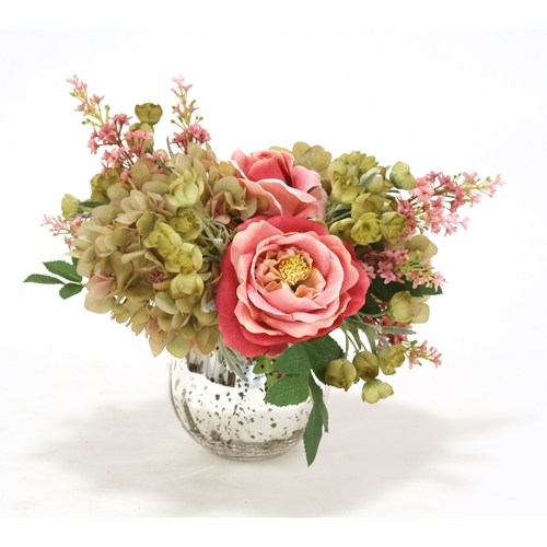 Waterlook ® Green Hydrangeas and Dark Rose Roses in Mercury Glass