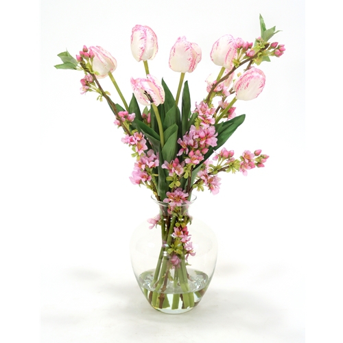 Waterlook ® Hot Pink Pear Blossoms and Cream Pink Tulips in Victoria Vase