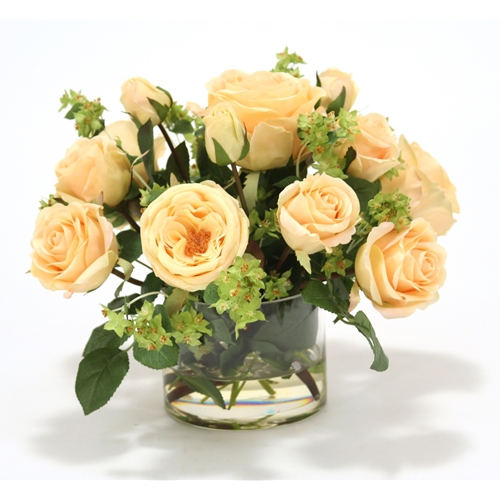 Waterlook ® Light Yellow Silk Roses with Green Accents in a Short Glass Cylinder
