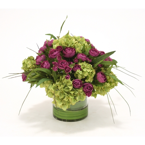 Waterlook ® Purple Ranunculus with Green Hydrangeas in Clear Cylinder Vase